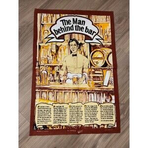 Vintage Pure Irish Linen Towel Wall Hanging “The Man Behind The Bar” Pub 19x28